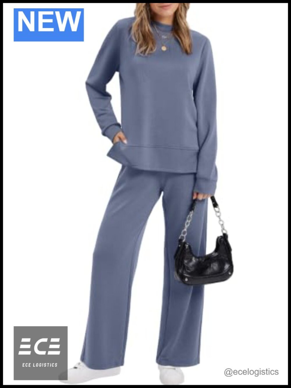 Women's 2 Piece Lounge Set Mock Neck Side Slit Top Wide Leg Pants